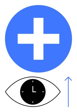 Mavi dairede beyaz haç, saat şeklinde göz, yukarı doğru ok. Sağlık, odaklanma, zaman, üretkenlik, trendler görme süreci için idealdir. Soyut çizgi düz metafor