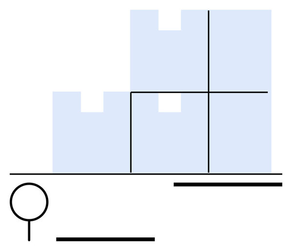 Стилизованный городской пейзаж с блочными зданиями, круглым деревом и линейными акцентами. Идеально подходит для городского планирования, строительных проектов, архитектуры, современного дизайна, минимализма, бизнес-решений