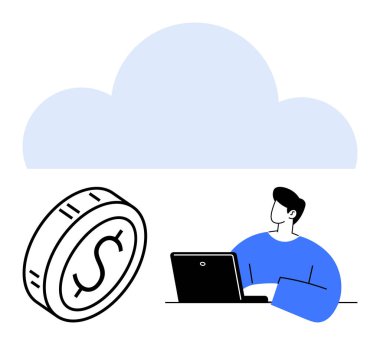 Mavili adamın üstündeki büyük bulut para ikonuyla dizüstü bilgisayarda çalışıyor. Finans, teknoloji, çevrimiçi hizmetler, uzaktan çalışma, dijital ekonomi, yenilik, soyut çizgi düz metafor için ideal