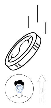 Coin falling with detailed facial recognition grid on human face and upward-moving arrow. Ideal for technology, identity, finance, AI, biometrics, innovation, abstract line flat metaphor clipart