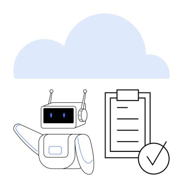 Robot kontrol listesinin yanında, bulutun altında işaretli bir şekilde hareket ediyor. Yapay zeka otomasyonu, bulut hizmetleri, üretkenlik, görev organizasyonu, akıllı araçlar, fütüristik teknoloji, soyut düz metafor için ideal