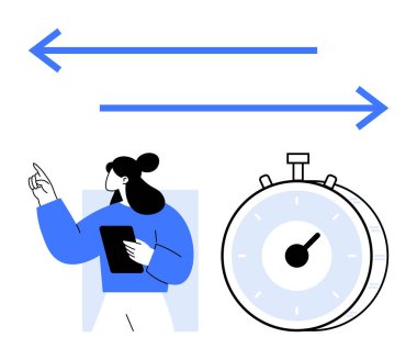 Kadın elinde tablet, kronometre ve karşısındaki mavi okları tutarken işaret ediyor. Zaman takibi, görev öncelikleri ve stratejik eylemler vurgulanıyor. Üretkenlik, planlama ve teslim tarihleri için ideal