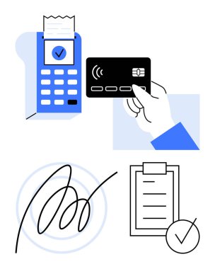 Faturalı ödeme terminali, elinde irtibatsız kredi kartı onaylı kontrol listesi simgesi ve imzalı illüstrasyon. İşlemler, e-ticaret, güvenlik, dijital hizmetler, sözleşmeler için ideal