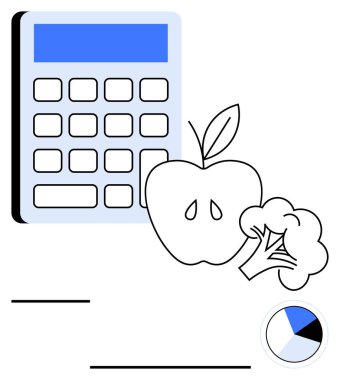 Elma, brokoli ve pasta grafiği dışında hesap makinesi, beslenme takibi, bütçe ve analizi temsil ediyor. Sağlıklı yaşam, diyet planları, finans, yemek hazırlama eğitimi ve soyut düz çizgi için ideal