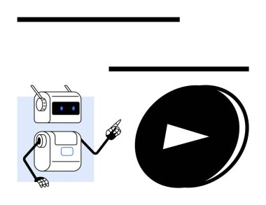 Robot teknolojiyi, yeniliği, medyayı, otomasyonu ve eğitimi temsil eden büyük bir çalma butonunu işaret ediyor. Dijital kavramlar, kullanıcı arayüzleri, multimedya içeriği, e-öğrenme, yaratıcı