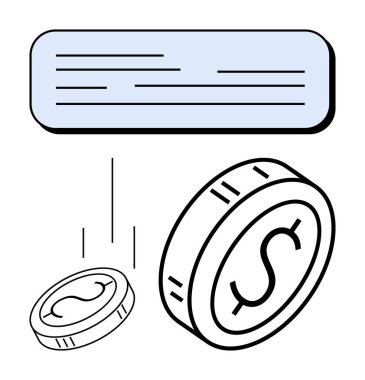 Metin dolu bir konuşma balonunun yanına dolar bozuk paralar düşüyor. Finans, iş iletişimi, bütçe, kâr, işlemler, tasarruflar, soyut çizgi düz metafor için ideal
