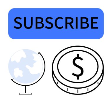 Blue subscribe button, globe icon, and dollar coin representing worldwide accessibility, payments, and recurring services. Ideal for businesses, economy, global reach, subscription models payments clipart