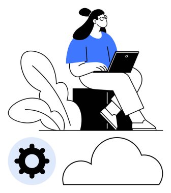 Etrafı bitkilerle çevrili bir dizüstü bilgisayar kullanan bir kadın. Bulut ve dişli simgeleri dijital bağlantıyı vurgular. Uzak çalışma, çevrimiçi iş, teknoloji, bulut hesaplama, üretkenlik için ideal