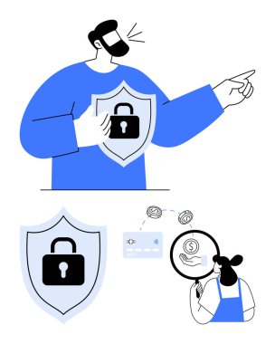 Kilit kalkanı tutan adam, ileri bakıyor. Daha küçük görüntülerde kredi kartı, bozuk para ve ele odaklanan bir büyüteç görülüyor. Güvenlik, koruma, mahremiyet ve çevrimiçi işlemler için ideal