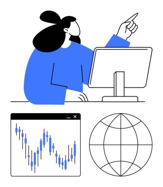İş kadını ekrandaki finansal veri grafiğini işaret ediyor. Grafik pazar eğilimlerini tasvir ediyor, dünya küresel veri bağlamını simgeliyor. İş analizi, finans, küresel pazarlar ve veriler için ideal