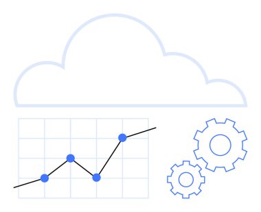 Yukarı doğru eğilimli grafikler ve bulut anahatlarının altındaki vitesler bulut hesaplamasını, veri analizini ve ilerlemeyi sembolize ediyor. Teknoloji, iş, büyüme, verimlilik, yenilik analizleri için ideal