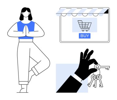 Yoga ağacı pozunda dengede duran bir kadın, satın alma düğmesiyle online alışveriş arabası, üç anahtar tutan bir kadın. Sağlık, e-ticaret, gayrimenkul, farkındalık, online alışveriş, güvenlik yaşam tarzı için ideal