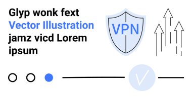 VPN metin içeren VPN kalkan simgesi, yukarı bakan oklar, daire üzerindeki kontrol işareti, mavi aksan ögeleri ve yer tutucu metin. Siber güvenlik, gizlilik koruması, ağ güvenliği, veri bütünlüğü için ideal