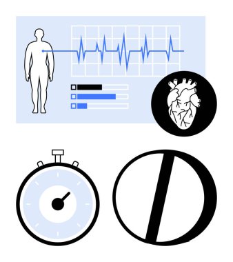 İnsan silueti kalp atışları grafiği kalp organ kronometre ilaç hapları. Tıbbi, sağlık, kardiyoloji, zindelik, ilaç, tanı, sağlık için ideal. Satır metaforu