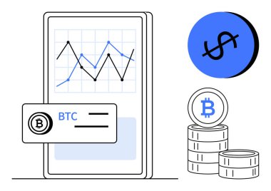 Mobil cihazın grafiği, Bitcoin etiketi, mavi dairenin dolar işareti, Bitcoin paraları yığını. Kripto para birimi, finansal analiz, mobil ticaret uygulamaları, piyasa eğilimleri, fintech yatırım için ideal