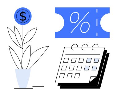 Dolar sembollü para fabrikası, indirim kuponu ve takvim. Finansal planlama, tasarruf, yatırım, bütçe, zaman yönetimi hedef belirleme indirimleri için ideal. Basitleştirilmiş soyut çizgi düz