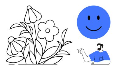 Mavi halka mutlu yüz, kısa saçlı ve sakallı adam, yapraklı minimalist çiçek çizgisi. Mutluluk için ideal, basitlik, doğa, insan etkileşimi, neşe, pozitiflik