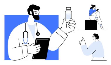Doktor elinde tablet tutarken ilaç şişesini inceliyor, kadın akıllı telefonuyla oturuyor ve adam yukarı işaret ediyor. Sağlık, teknoloji, iletişim, araştırma, eğitim, tıp için ideal