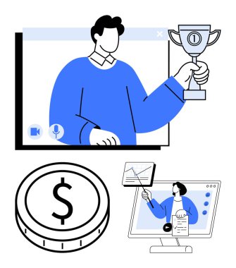 Videoda ödülü olan adam, madeni para simgesi finansı simgeliyor ve ekranda özel ders var. Uzaktan başarı, çevrimiçi öğrenme, kişisel büyüme, başarı odaklanma, finans, eğitim araçları için ideal