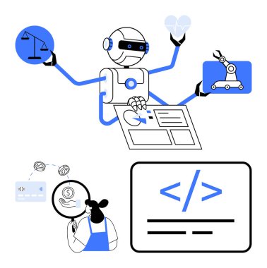 Robotik yapay zeka dengeleme, veri hesaplama, kalbi tutma, kodlama ekranını işaret etme, kişi tarafından finansal analiz. Teknolojik gelişmeler, yapay zeka, çoklu görev, robotik denge kodlaması için ideal