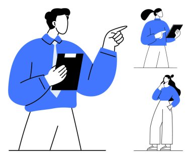 Dosyaları olan üç ekip üyesi tartışıp plan yapıyor. Takım çalışması, işbirliği, proje yönetimi, liderlik, iletişim, beyin fırtınası ve strateji için ideal. Soyut çizgi düz metafor