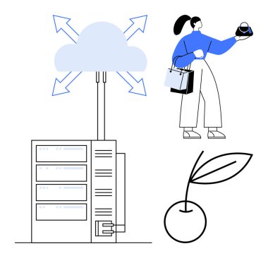 Bulut bilgisayar sunucusu bulut bağlantılı, alışveriş poşetleri ve ürün taşıyan kadın, teknoloji, tüketici davranışı, doğa, dijital ekonomi, e-ticaret, veri için minimalist kiraz ikonu ideali