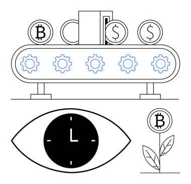 Taşıyıcının üzerinde kripto paralar, içinde dişliler olan bir göz, içinde bir saat olan bir göz ve bitcoin yetiştiren bir bitki. Finans, teknoloji, engelleme zinciri, zaman yönetimi, yatırım büyümesi, yenilik için ideal