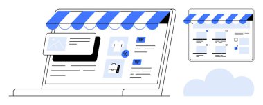 Laptop ve tablet, tenteli, ürün resimli, yüzde sembollü ve alışveriş arabası ikonlu çevrimiçi mağazaları gösteriyor. E-ticaret, çevrimiçi alışveriş, dijital pazarlama, web tasarımı için ideal