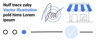 El yazısı imza, mavi tenteli küçük dükkan simgesi, işaretli daire ve minimalist düzende gösterilen dairesel elementler. E-ticaret, onay, kimlik doğrulama, iş kimliği için ideal