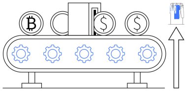 Bitcoin ve dolar sikkeleri otomatik taşıma bandı üzerinde hareket ediyor dişliler, yukarı doğru ok ve bir şekil işaret ediyor. Fintech, kripto para birimi, otomasyon, teknoloji, yatırım, büyüme için ideal