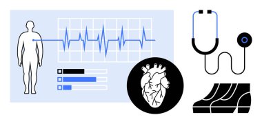 İnsan silueti, steteskop, stilize kalp çizimi ve tıbbi grafikle EKG kalıntısı. Kardiyoloji, tıbbi araştırma, sağlık, tanı, sağlık eğitimi dijital sağlık için ideal