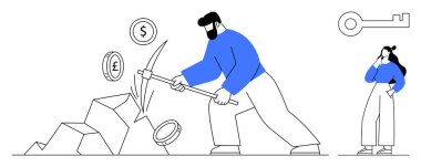 İşadamı taşlara kazma sallıyor, dolar ve avro gibi para simgelerini ortaya çıkarıyor. Kadın fikirleri değerlendiriyor. Finans, iş stratejisi, zenginlik yaratma, yenilik, sorun çözme için ideal