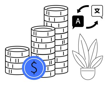 Mavi para birimi sembollü para yığınları, çeviri için ikonlar ve bir bitki. Finans, küresel işletme, yatırım, çeviri hizmetleri, ekonomik büyüme ve uluslararası ticaret için ideal