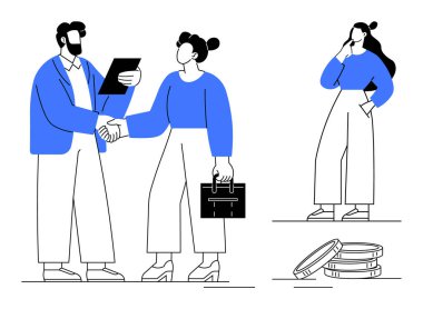 Bir adam ve bir kadın evrak ve evrak çantası tutarak el sıkışıyor. Sikkelerin yanında tefekkür eden bir kadın daha. İş anlaşmaları, işbirliği, ortaklıklar, mali büyüme, başarı ve planlama için ideal