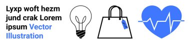Ampul yaratıcılığı ön plana çıkarıyor, alışveriş torbası ticareti temsil ediyor ve kalp atışı sağlığı simgeliyor. Yenilik, perakende, sağlık, eğitim, iş stratejisi için ideal, çevrimiçi reklamlar düz iniş sayfası