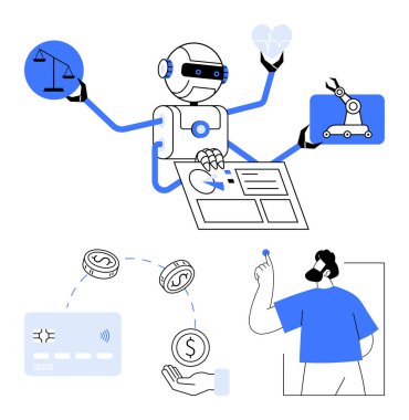 Robot dengeleme ölçekleri, kalpler ve fabrika otomasyonu, dokunmatik ekran kullanarak, finansal işlemleri yönetmek, insanlarla etkileşim kurmak. Teknoloji, yapay zeka ve sağlık robotları için ideal.