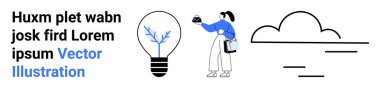İçinde ağaç dalı olan bir ampul, elinde bir nesne tutan bir insan ve minimalist bulut çizimi. Yaratıcılık, yenilik, öğrenme, doğa, sürdürülebilirlik, teknoloji düz iniş sayfası için ideal