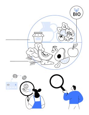 Araştırmacılar organik gıdaları büyüteçle analiz ediyorlar. Üst çemberde sebzeler, meyveler, süt ürünleri ve et bulunur. Gıda kalitesi, teftiş, organik ürünler, sağlıklı beslenme için ideal