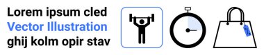 Halter ikonu, kronometre, etiketli alışveriş çantası ve yer tutucu mesajı. Fitness, verimlilik, perakende, planlama, yaşam tarzı markalaştırma için ideal düz iniş sayfası afişi