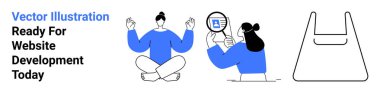 Woman meditating, man analyzing code with magnifying glass, shopping bag symbol. Ideal for mindfulness, tech training, code analysis, online stores, retail, teamwork flat landing page banner clipart