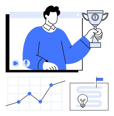 Sanal toplantı penceresinde bir kupa tutan kişi, yükselen noktaları olan bir grafik ve ampul ikonlu bir proje zaman çizelgesi. Sanal başarı, takım çalışması, üretkenlik, online övgü için ideal