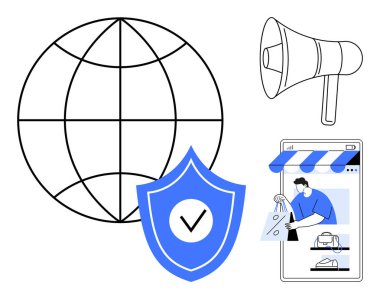 Hatları olan dünya, işaretli kalkan, hoparlör ve online alışveriş arayüzü. İnternet güvenliği, e-ticaret, çevrimiçi iletişim, küresel bağlantı, siber güvenlik dijital