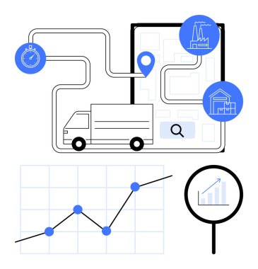 Konum işaretleri, kronometre, bar grafiği ve büyüteç izleme büyümesi olan haritalı bir güzergahta teslimat kamyonu. Ulaşım, lojistik, tedarik zinciri, dağıtım hizmetleri, verimlilik için ideal