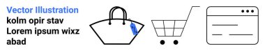 Alışveriş çantası, el arabası ve web penceresi perakende ve çevrimiçi alışverişi vurguluyor. E-ticaret, pazarlama, satış, iş, dijital etkileşim, tüketici davranışı düz iniş sayfası afişi için ideal