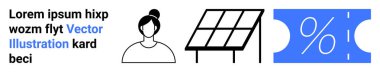 Female figure, solar panel, discount ticket symbolizing renewable energy, eco-consciousness, and cost-efficiency. Ideal for clean energy, discounts, sustainability, renewable resources eco-economy clipart