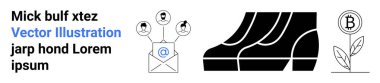 Email connections with user icons, stepping-forward shoes symbolizing progress, and plant with bitcoin coin illustrating cryptocurrency growth. Ideal for business, finance, tech, networking clipart