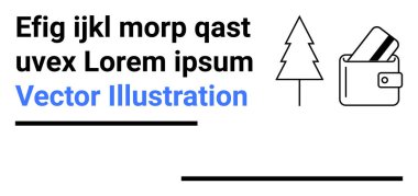 İçinde kartlar ve minimalist ağaç simgesi olan cüzdan. Yanında da yer tutucu metin ve vektör illüstrasyon metni var. Finans, çevre dostu girişimler, seyahat, tasarım kavramları, pazarlama, iş dünyası için ideal