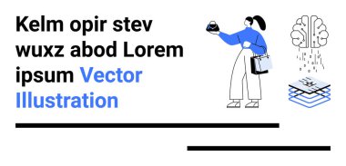 Kadın teknoloji ile etkileşime giriyor, telefonu ve çantayı tutuyor, beyin ve dijital katmanlar yapay zeka, veri, yenilik öneriyor. Teknoloji, yapay zeka, e-ticaret, eğitim veri analizi için ideal UX tasarım düz iniş sayfası