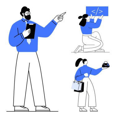 Profesyonel iş adamları ekip üyelerini ekranda kodluyor ve fütüristik teknolojiyle etkileşime geçiyor. Takım çalışması, liderlik, teknolojik yenilik, kodlama, modern ofis, danışmanlık, işbirliği için ideal