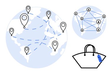 Konum şifreli harita, birbirine bağlı ağ ve alışveriş çantası. Küresel perakende, tedarik zinciri, teslimat, lojistik, ulaşım uluslararası ticaret çevrimiçi alışveriş için ideal. Soyut çizgi
